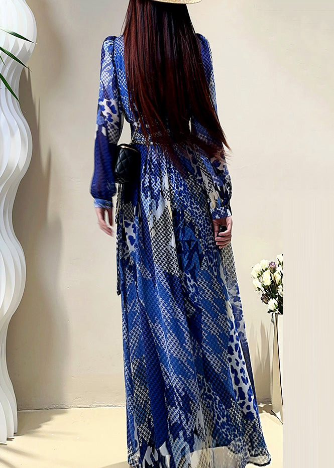 Elegant Blue V Neck Print Drawstring Maxi Dress Lantern Sleeve