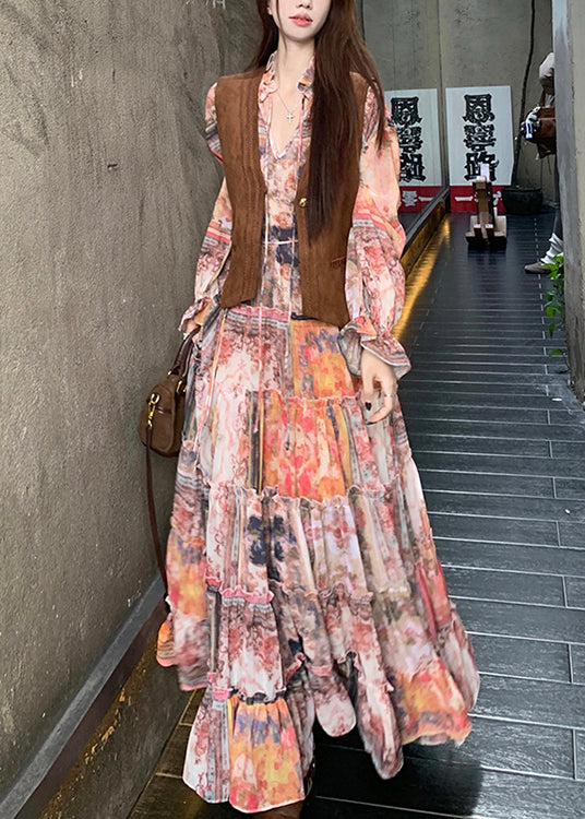 Elegant Brown Faux Suede Waistcoat And Ruffled Dress Two-Piece Set Spring