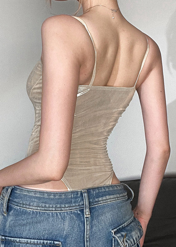 Elegant Champagne Patchwork Solid Spandex Cami Bodysuit