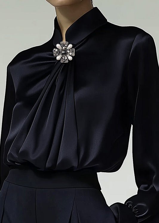 Elegant Navy Stand Collar Wrinkled Silk Shirt Top Spring