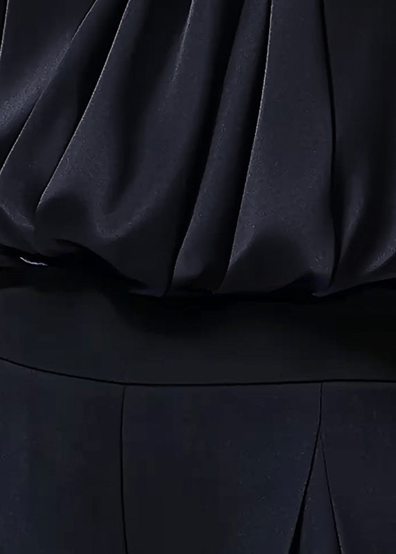 Elegant Navy Stand Collar Wrinkled Silk Shirt Top Spring