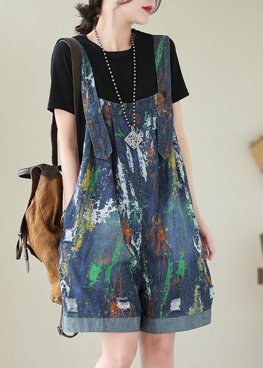 Trendy Blue Tie Dye Oversized Denim Jumpsuit Ripped Shorts Summer
