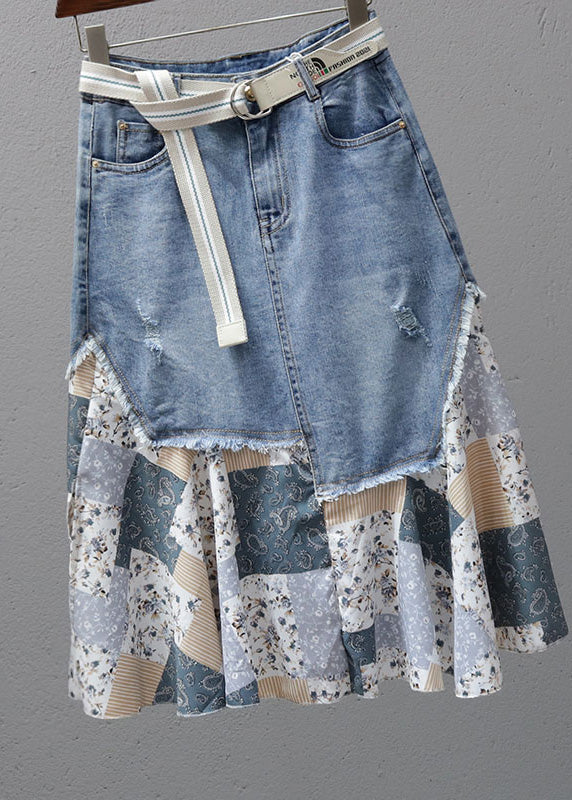 Summer fashion blue patchwork print high waist maxi denim skirt