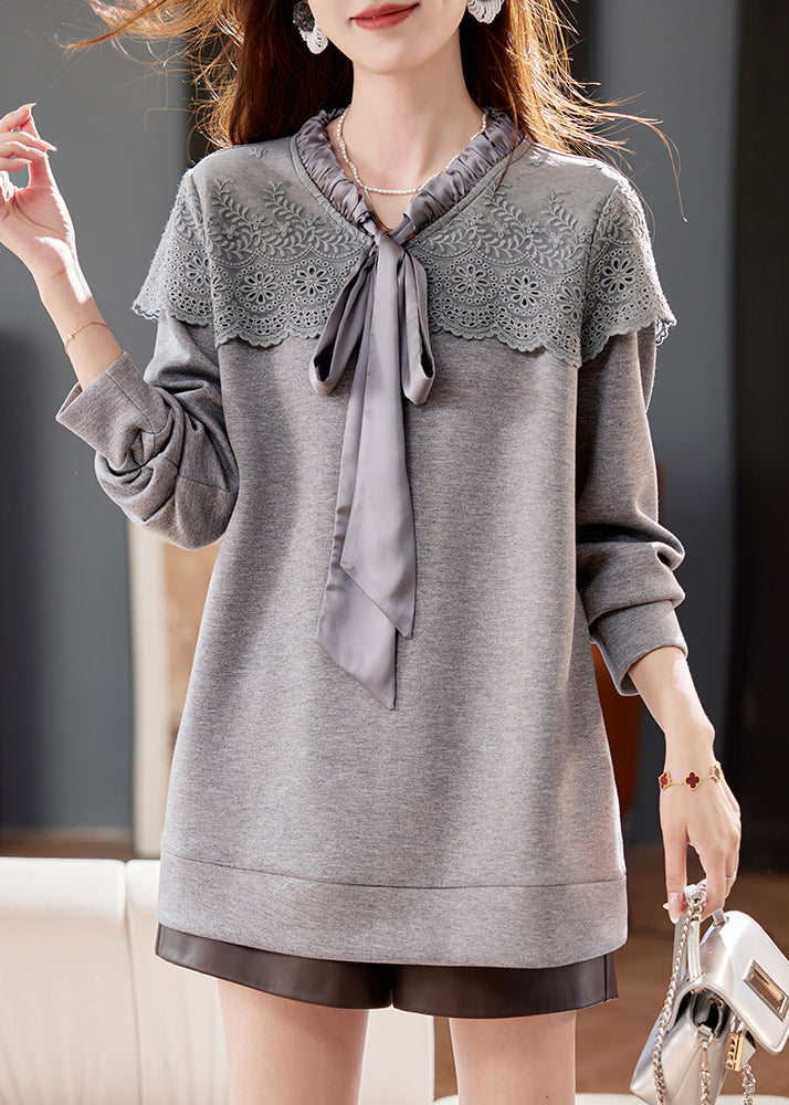 New Grey Lace Patchwork Lace Up Cotton Pullover Spring