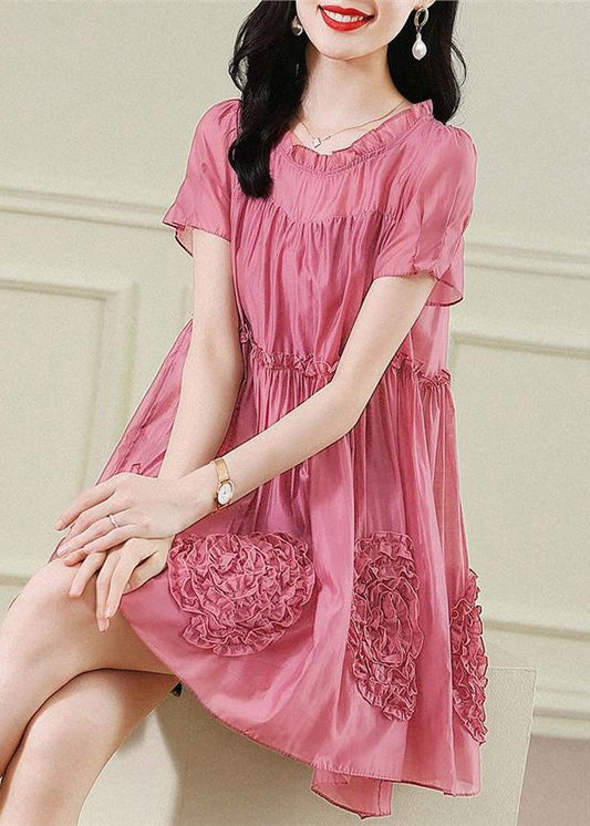 Fashion Red Floral Ruffled Chiffon Mid Dresses Short Sleev
