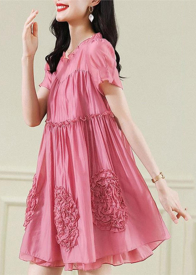 Fashion Red Floral Ruffled Chiffon Mid Dresses Short Sleev