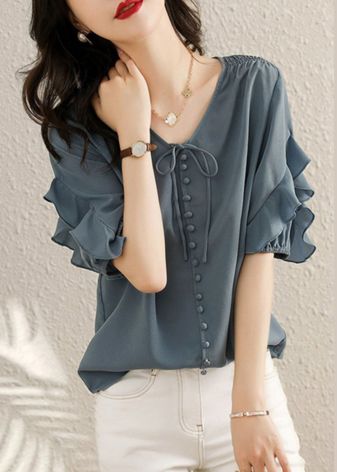 Fine Blue V Neck Ruffled Patchwork Chiffon Shirts Summer