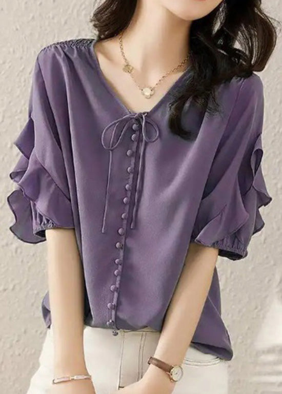 Fine Blue V Neck Ruffled Patchwork Chiffon Shirts Summer