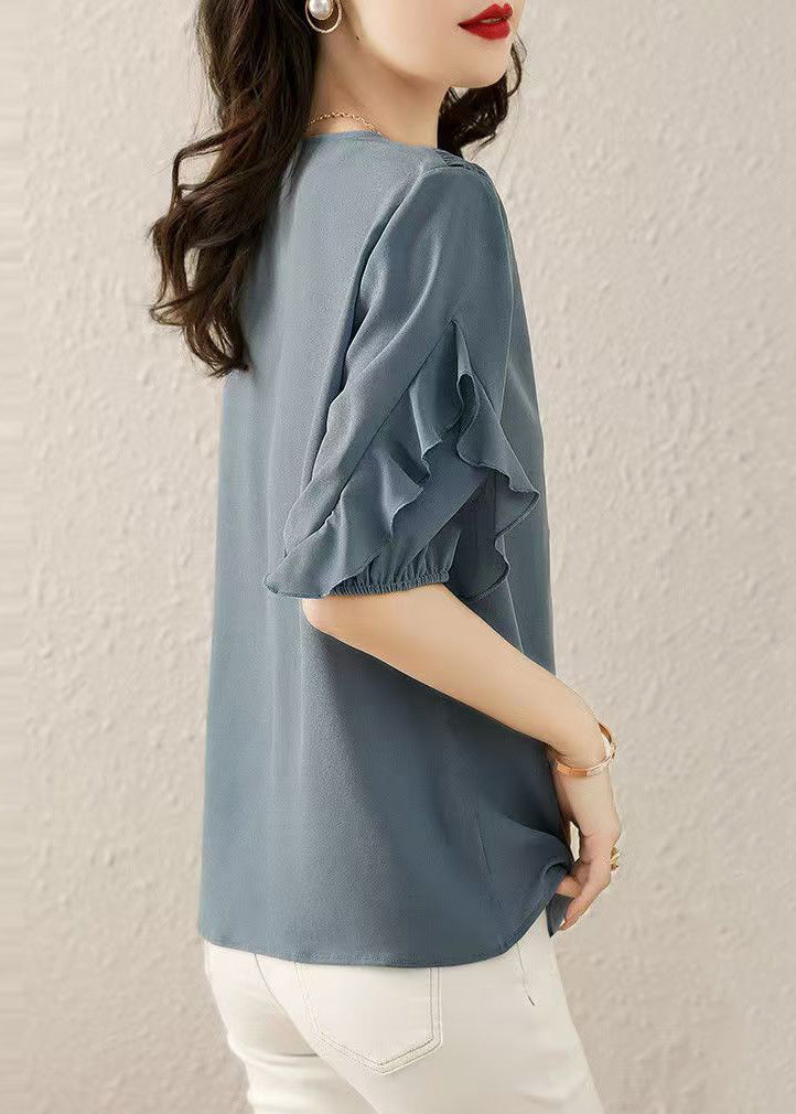 Fine Blue V Neck Ruffled Patchwork Chiffon Shirts Summer