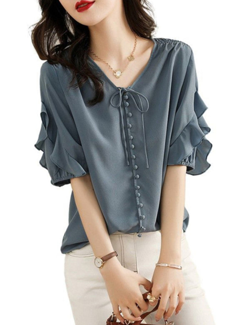 Fine Blue V Neck Ruffled Patchwork Chiffon Shirts Summer