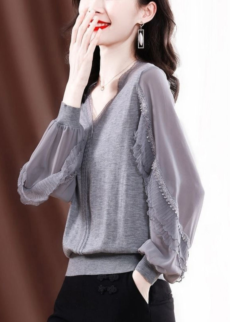 Fine Grey Tulle Patchwork Ruffled Knit Shirt Spring