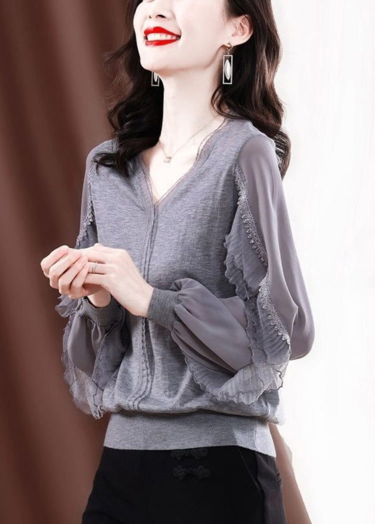 Fine Grey Tulle Patchwork Ruffled Knit Shirt Spring