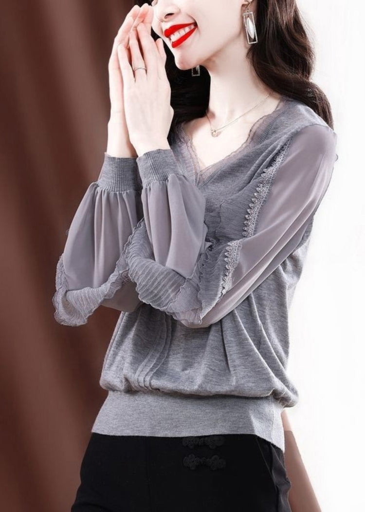 Fine Grey Tulle Patchwork Ruffled Knit Shirt Spring