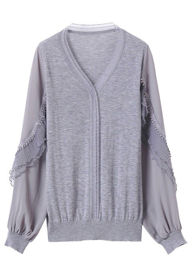 Fine Grey Tulle Patchwork Ruffled Knit Shirt Spring