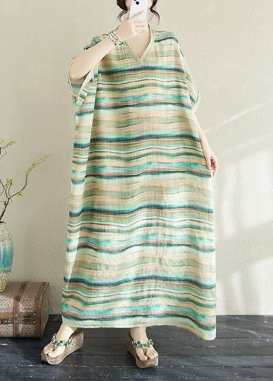 Fitted Light Green Oversized Striped Cotton Robe Dresses Summer