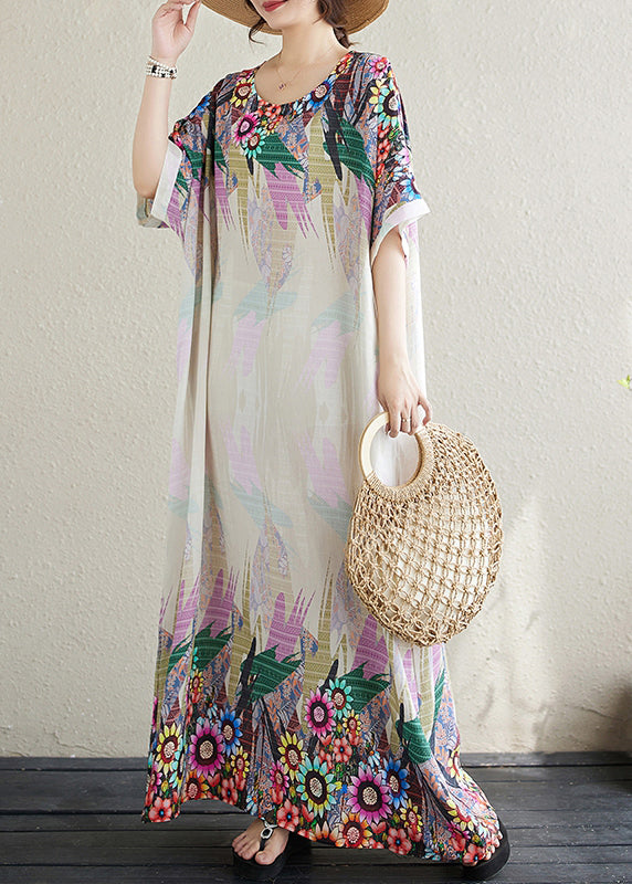 Fitted White Oversized Print Cotton Sundress Batwing Sleeve