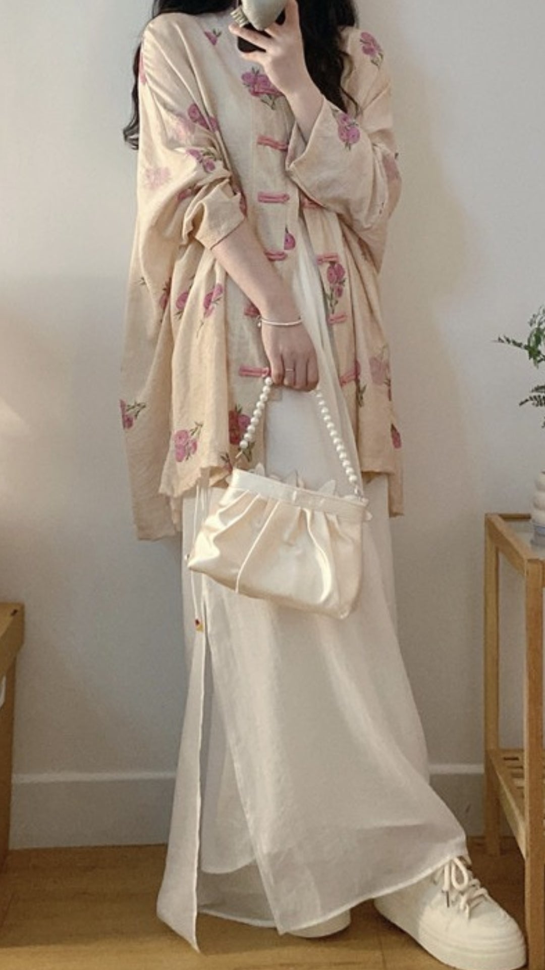 Chinese Style Apricot Print Oriental Button Cotton Shirts Spring