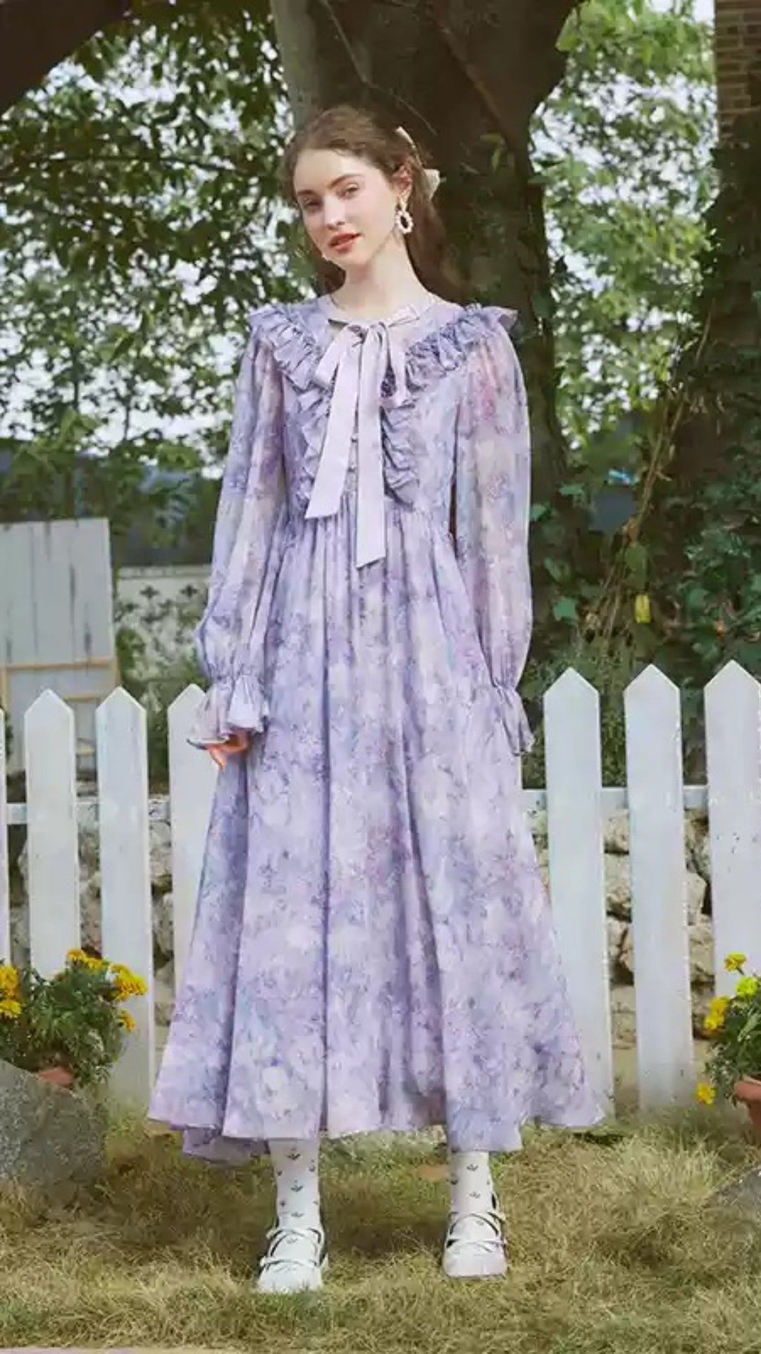 Unique Blue V Neck Ruffled Print Chiffon Long Dress Spring