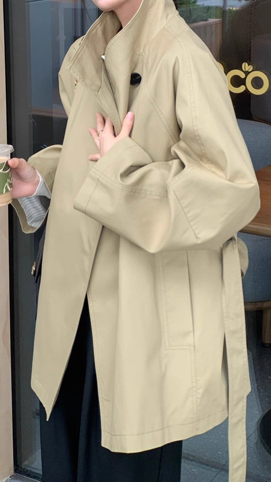 Loose Light Khaki Asymmetrical Button Cotton Trench Coat Fall