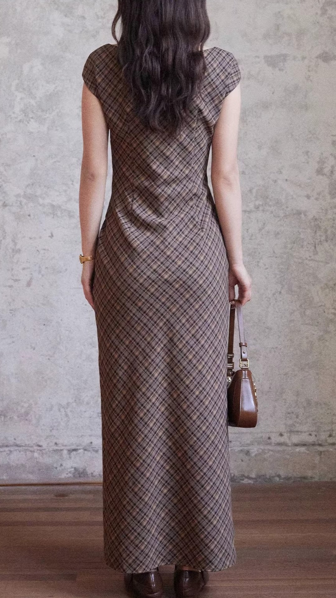 Plus Size Brown Plaid Boat Neck Cap Sleeve Belted Ruched Waist Slit Maxi Dress