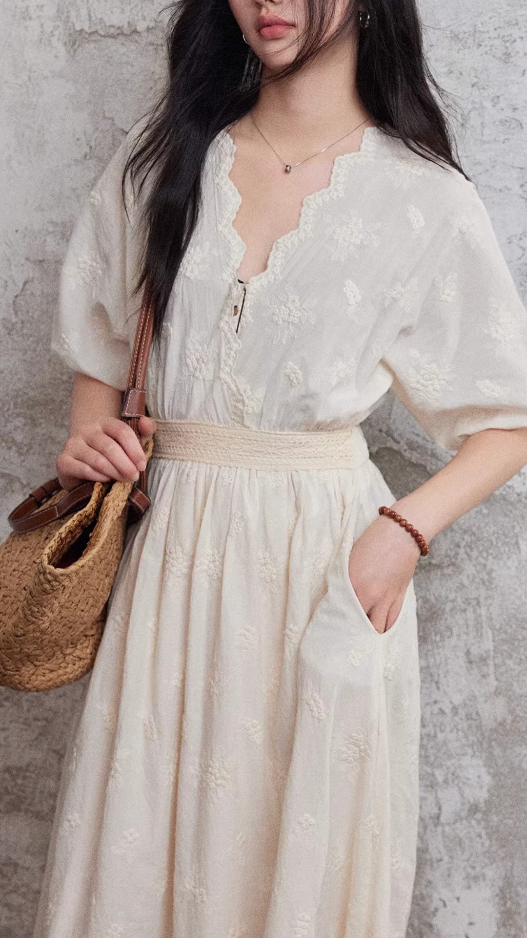 Boho Beige Embroidered Puff Sleeve Maxi Cotton Dress