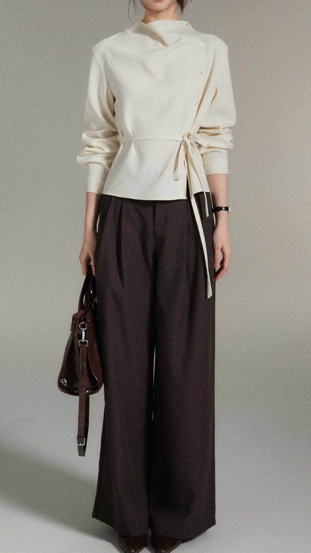 Plus Size Cream Draped Neck Asymmetric Button Belted Long Sleeve Blouse