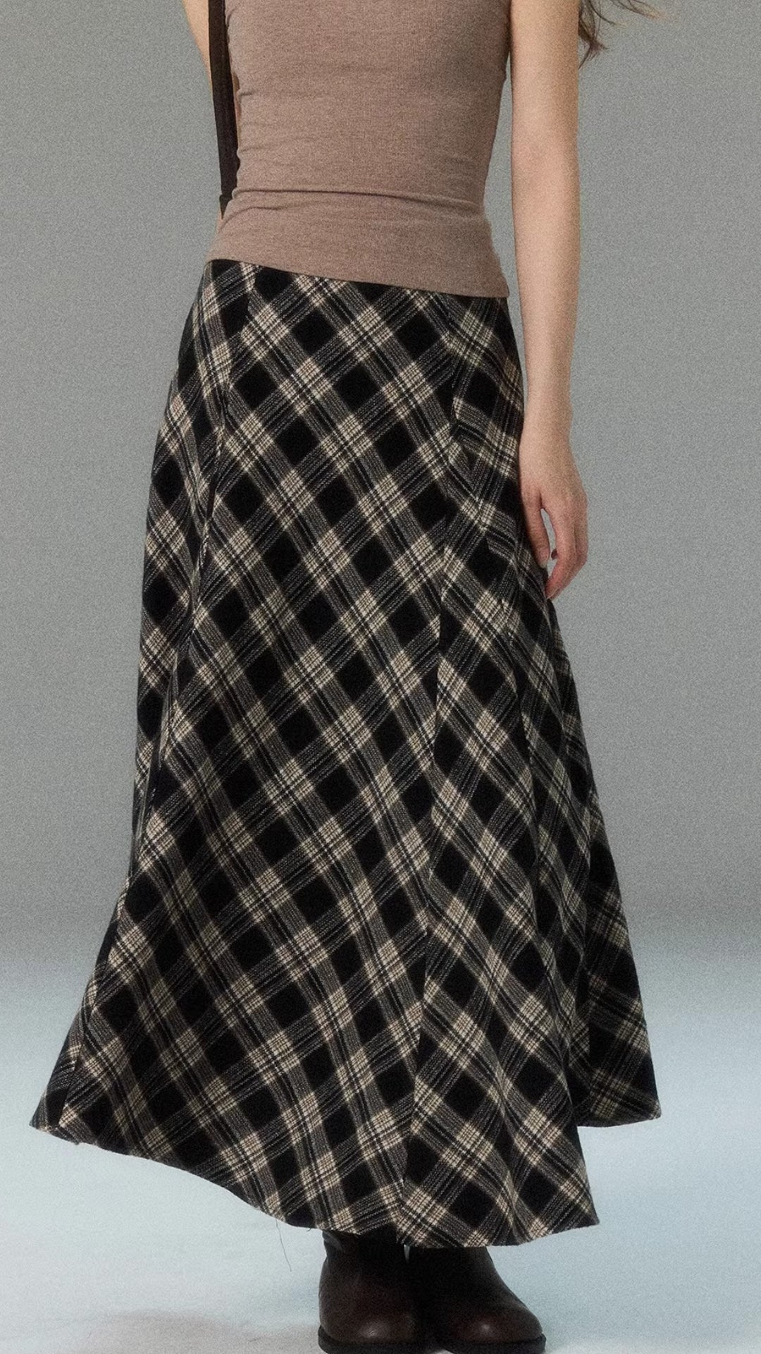 Elegant Plaid High Waist Flared Midi Cotton Skirt