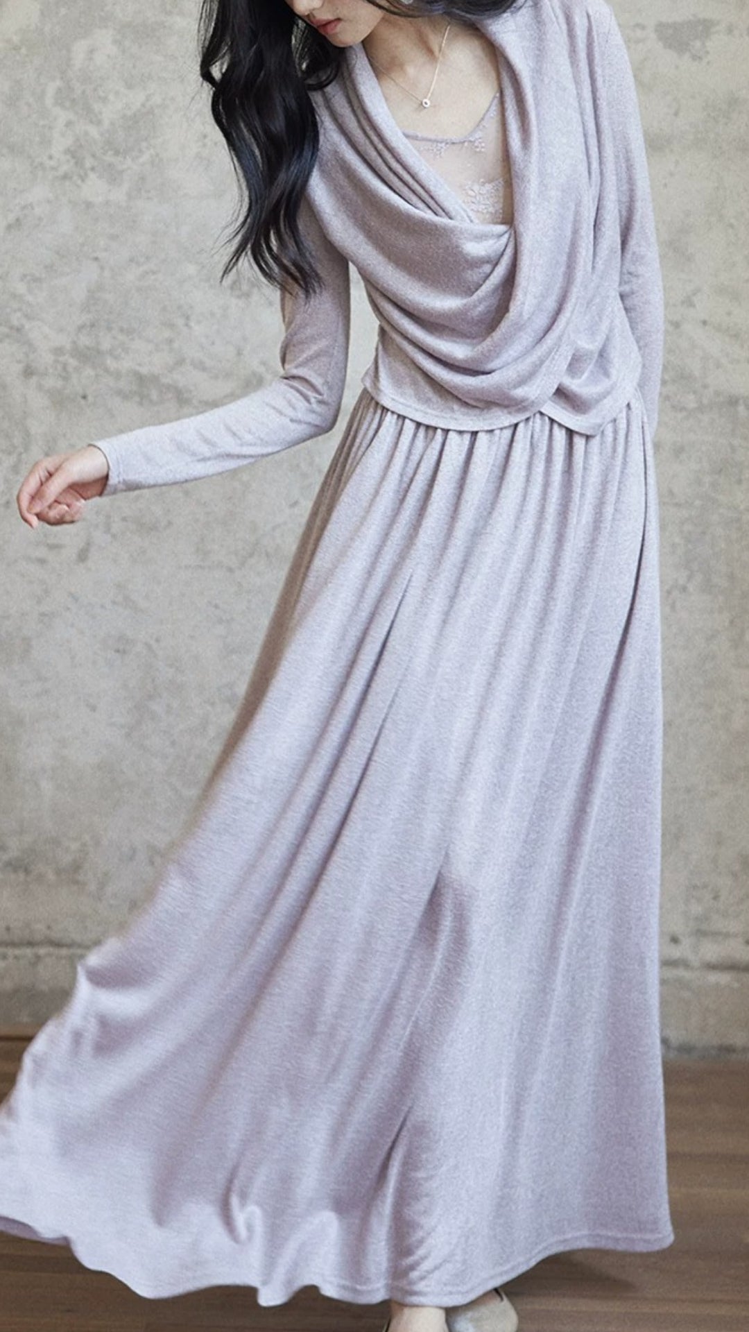 Vintage Light Purple Cowl Neck Knit Faux Two Piece Long Sleeve Maxi Dress
