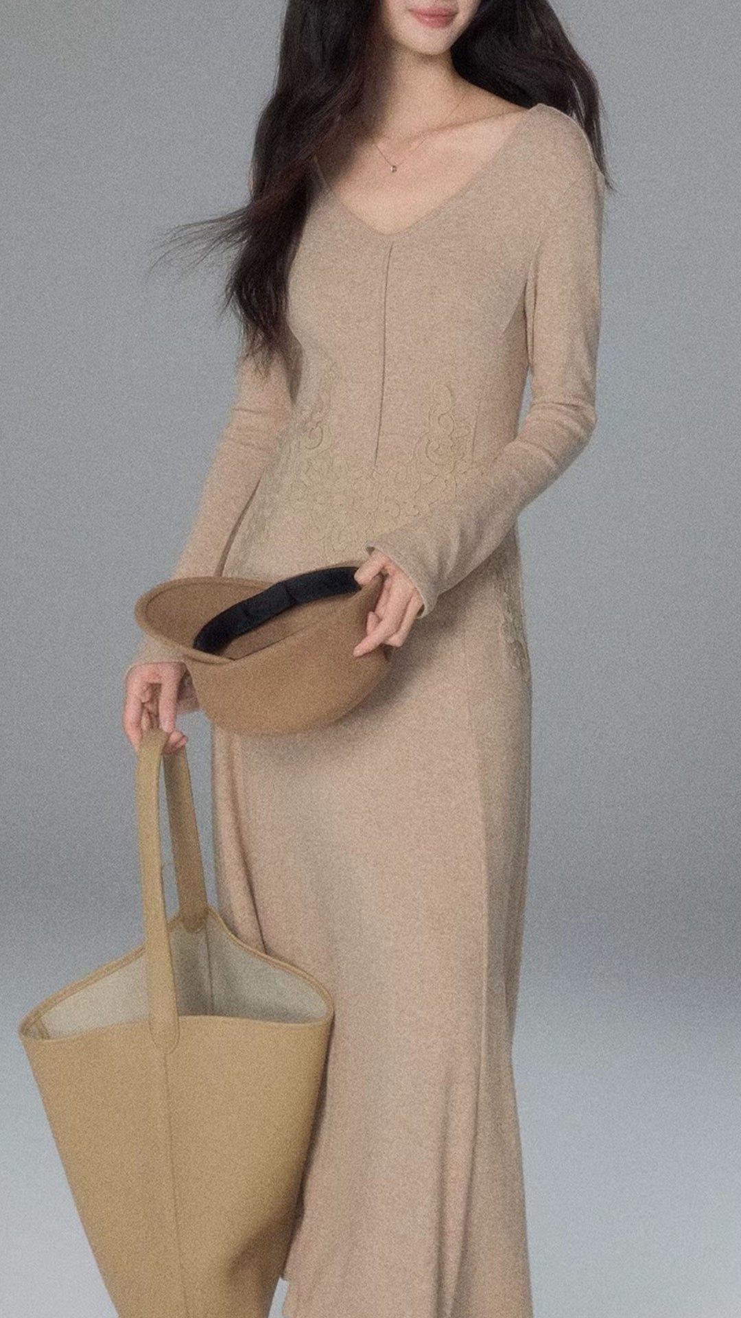 Beige V-Neck Long Sleeve Lace Patchwork Fitted Maxi Knit Dress