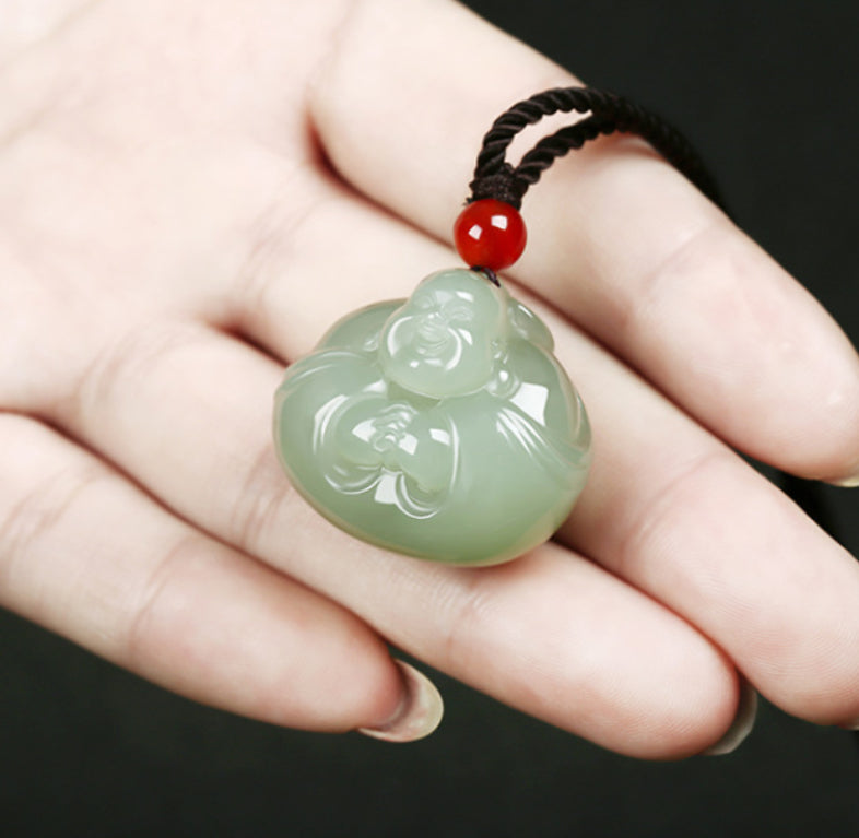 Natural Hetian Jade Laughing Buddha Pendant Necklace