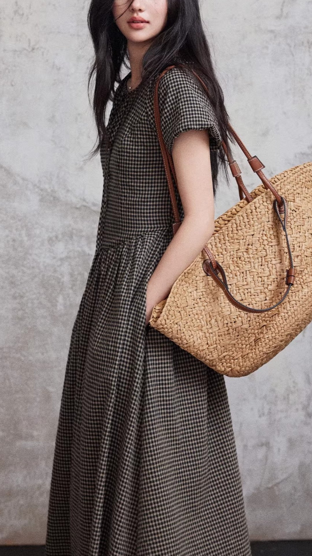 Boho Brown Gingham Tie Neck Midi Dress