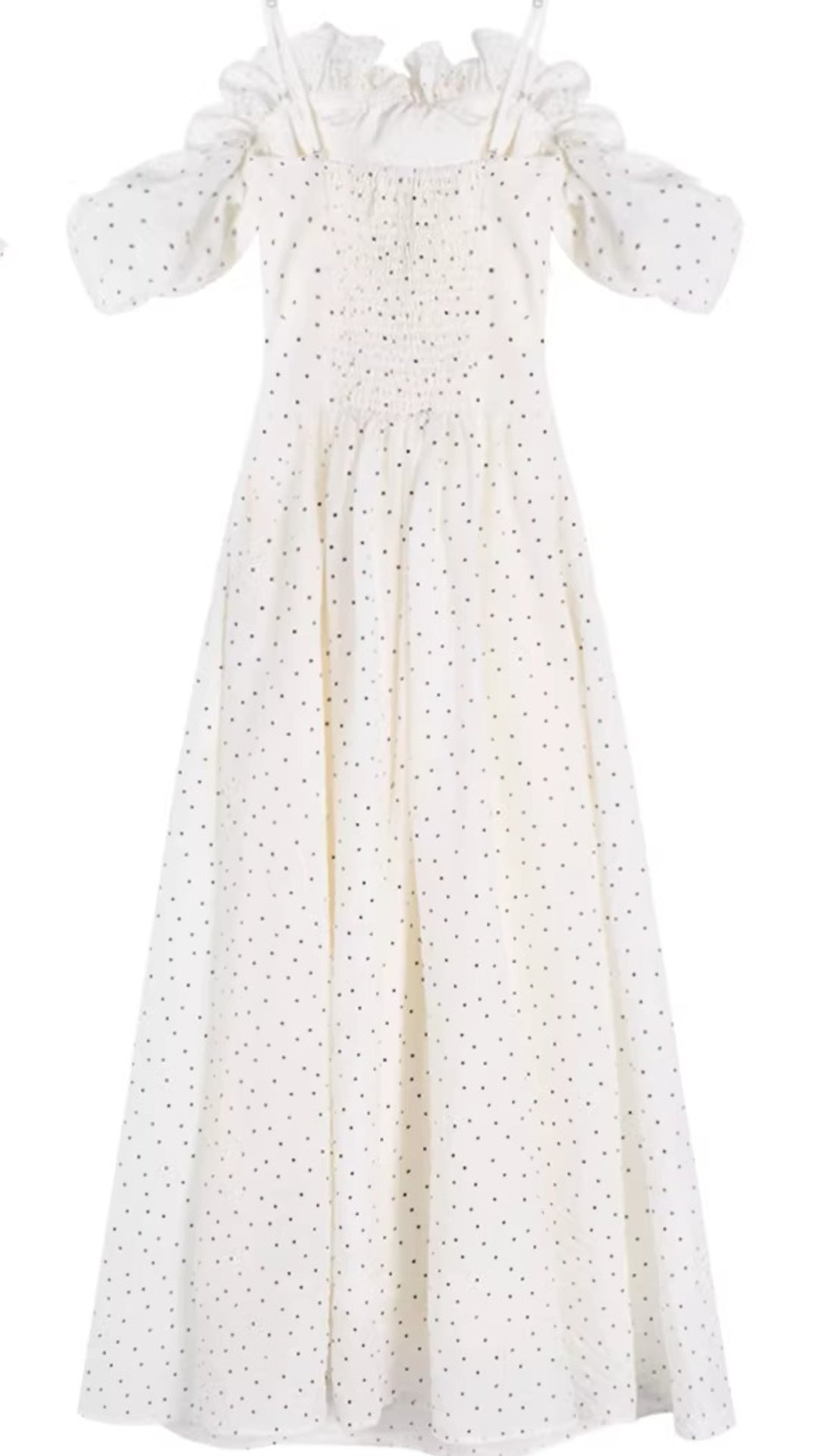 Elegant Cream Polka Dot Off-the-Shoulder Ruffle Midi Dress