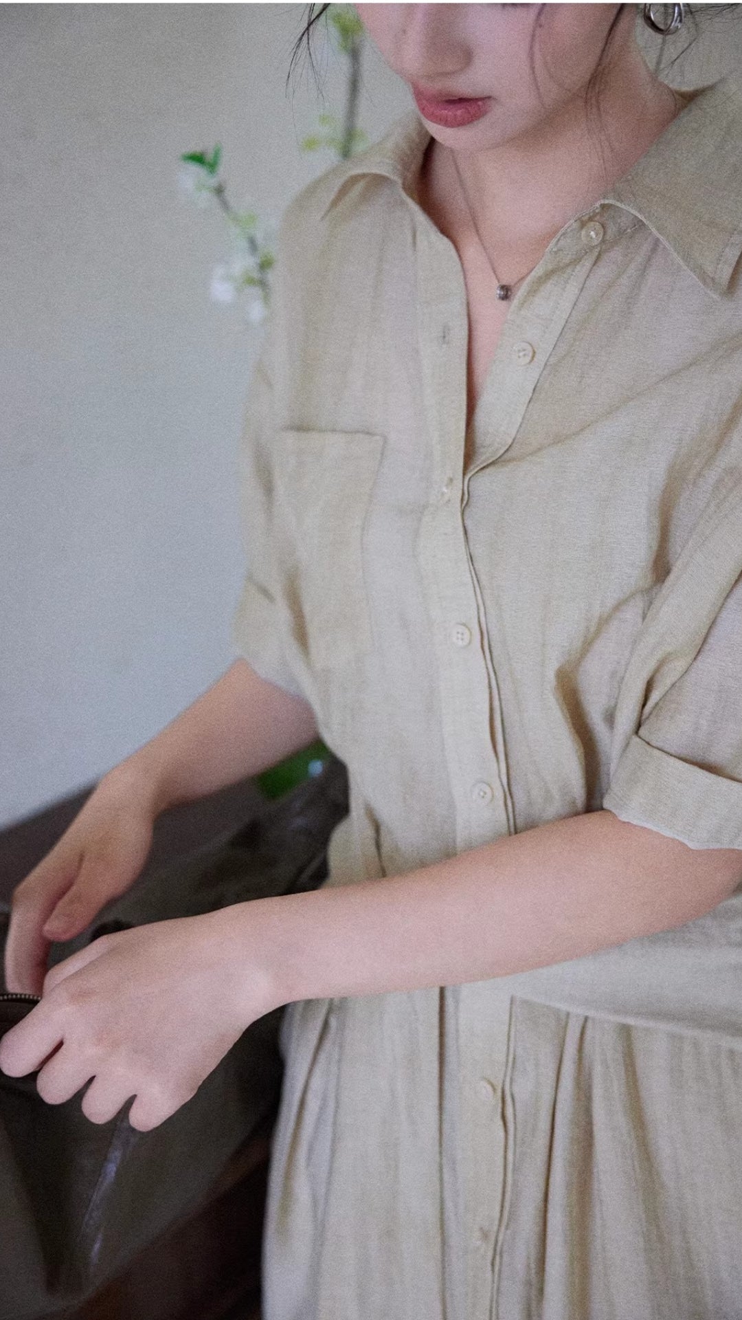 Casual Beige Belted Midi Shirt Dress