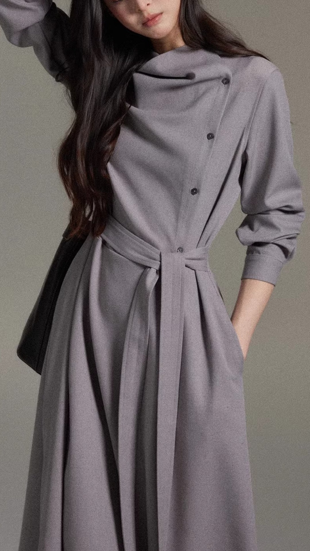 Elegant Gray Cowl Neck Long Sleeve Midi Dress
