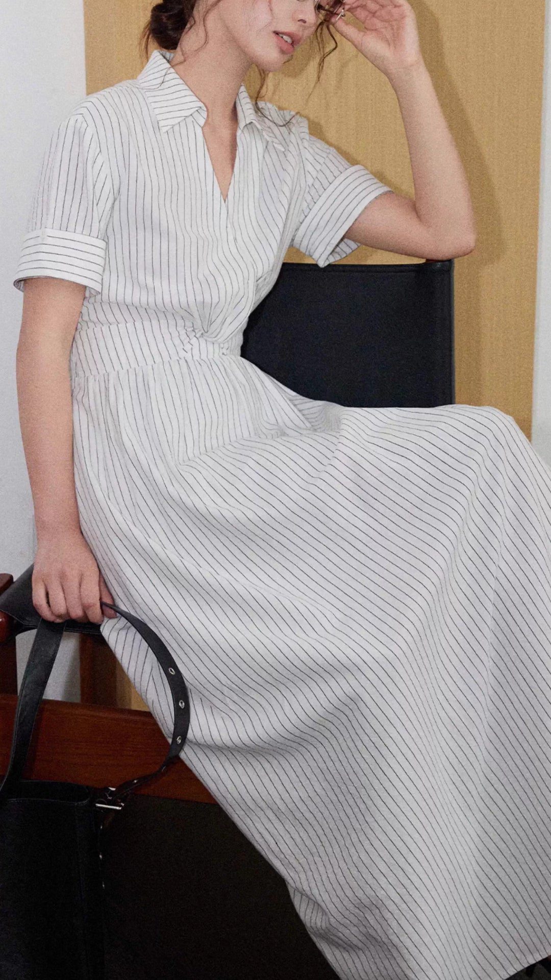 Elegant White Striped Collared Midi Shirt Dress