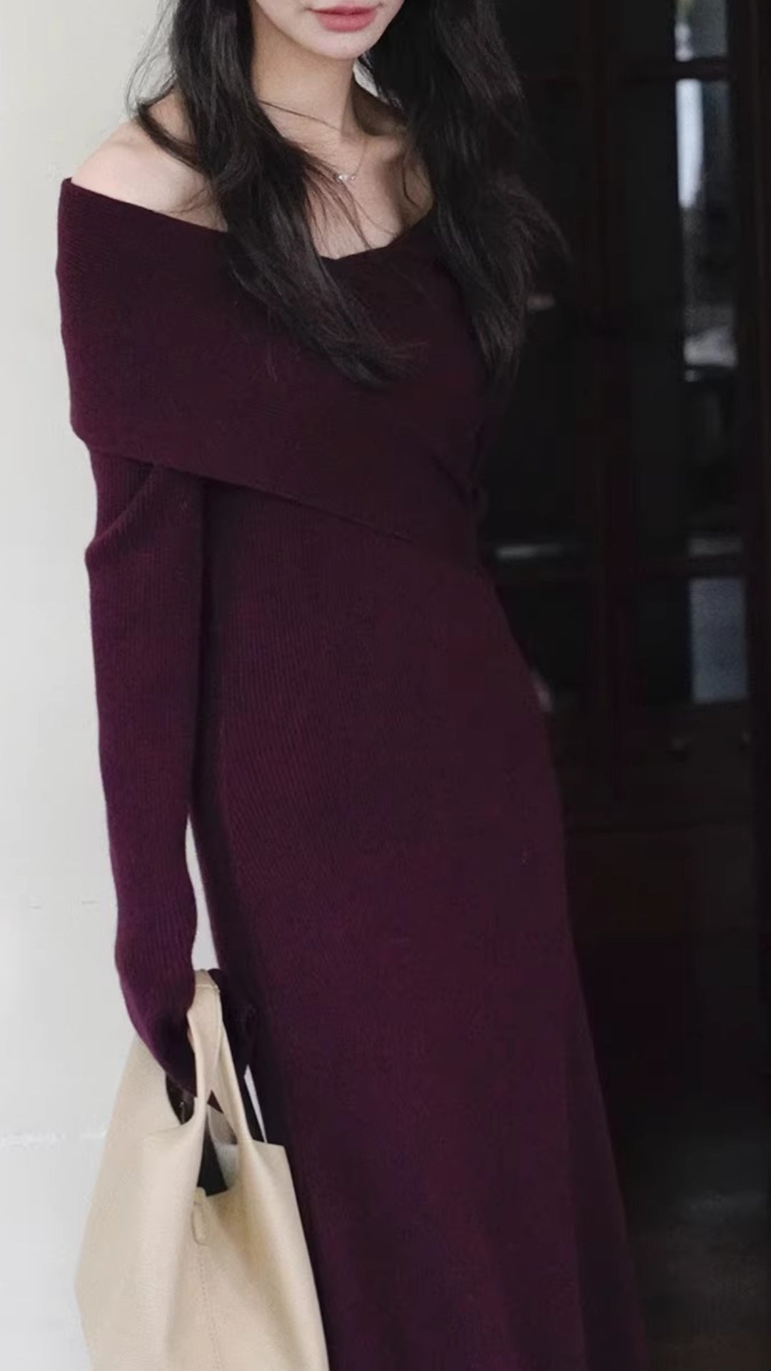 Elegant Burgundy Off-the-Shoulder Knit Midi Dress