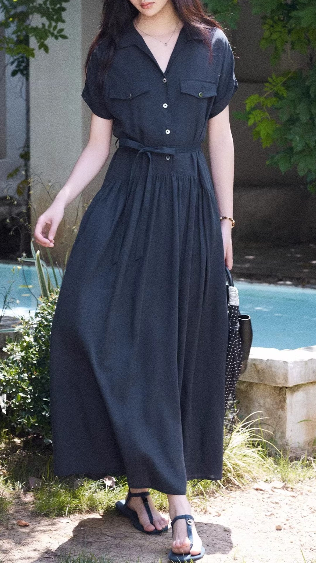 Black V-Neck Short Sleeve Belted Button Down Maxi Shirt Dress
