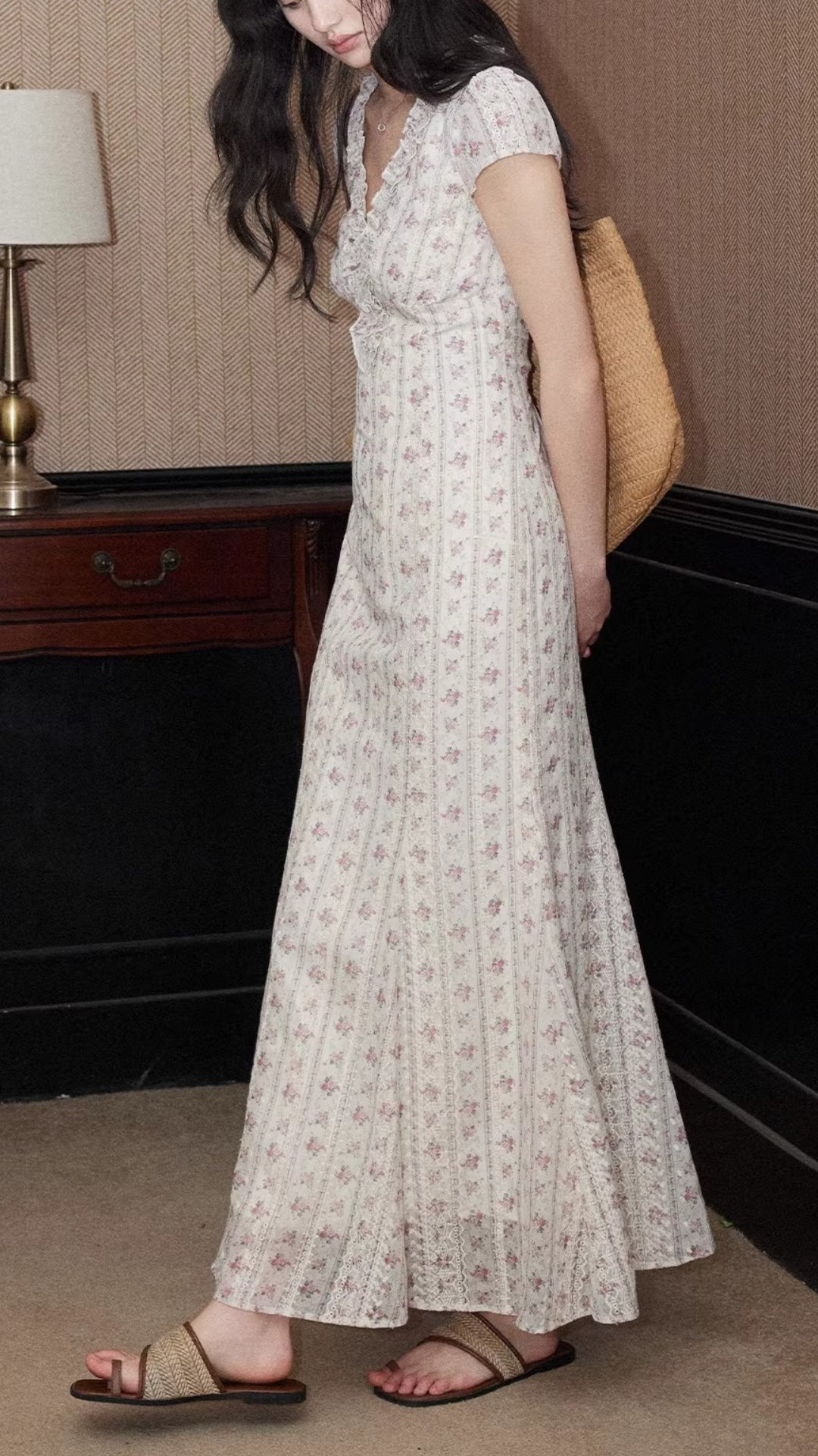 Plus Size Cream Pink Floral V-Neck Ruffle Short Sleeve Maxi Dress