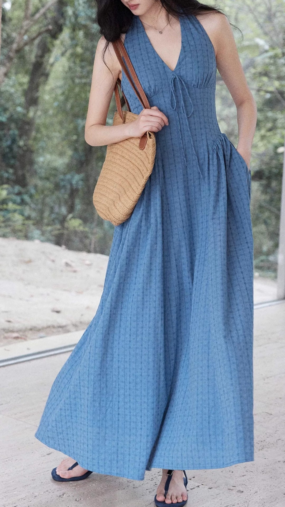 Vintage Blue Checkered Halter Neck Sleeveless Midi Dress