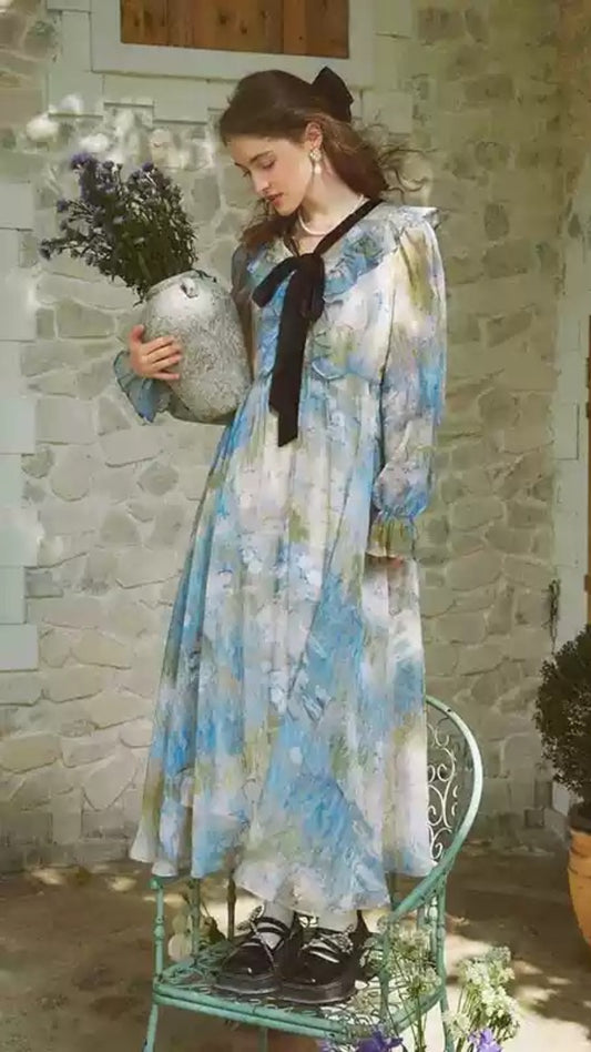 Unique Blue V Neck Ruffled Print Chiffon Long Dress Spring
