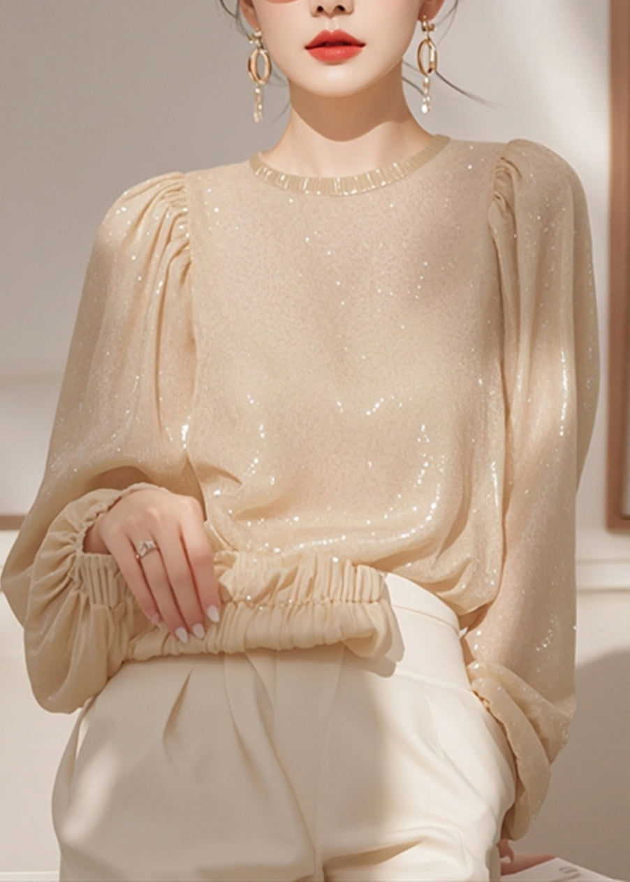 French Apricot O Neck Sequins Shirt Tops Spring
