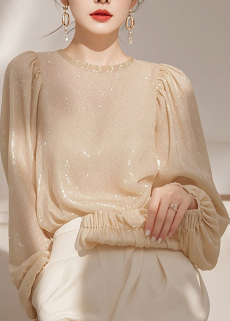 French Apricot O Neck Sequins Shirt Tops Spring