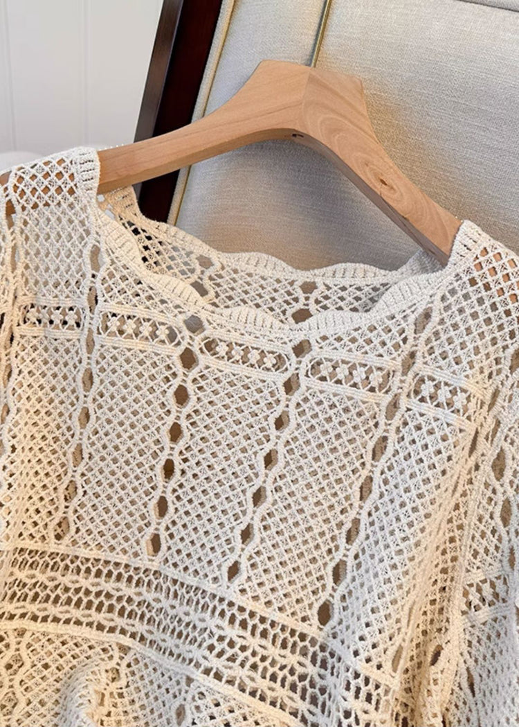 French Beige Hollow Out Cozy Knit Top Flare Sleeve