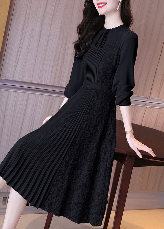 French Black Dress Patchwork Ruffled Edge Lace Embroidery