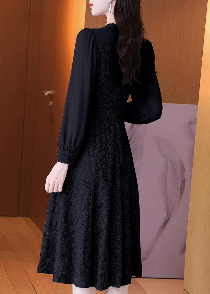 French Black Dress Patchwork Ruffled Edge Lace Embroidery