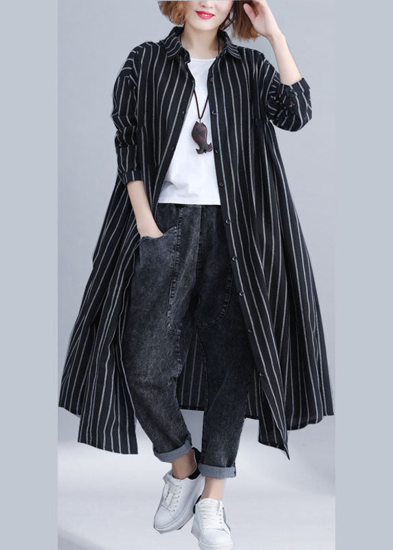 French Black Button Pocket Striped Peter Pan Collar Fall Long Sleeve Shirt Top