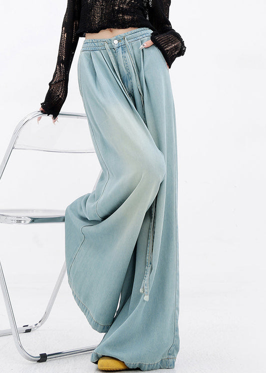 French Blue Lace Up Pockets Denim Wide Leg Pants Spring