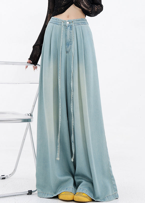 French Blue Lace Up Pockets Denim Wide Leg Pants Spring