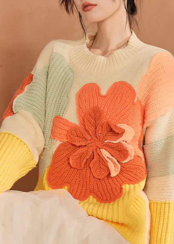 French Multicolor O-Neck Floral Knit Sweaters Winter