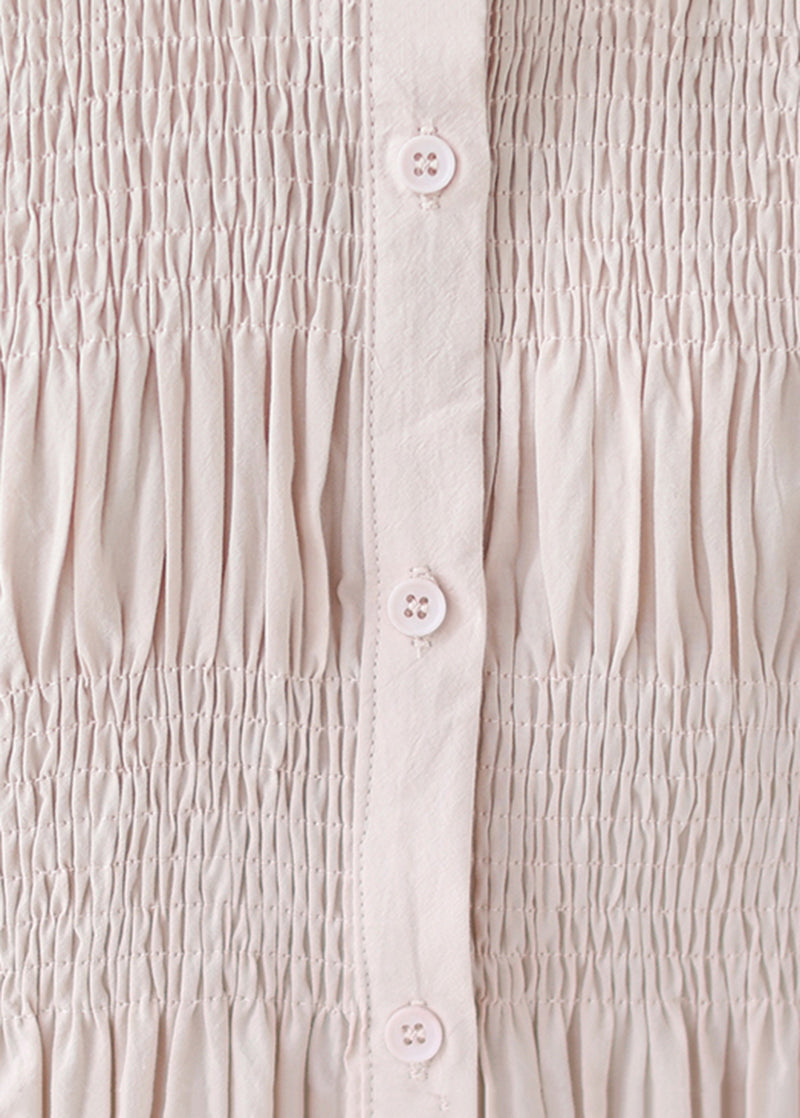 French Pink Stand Collar Wrinkled Cotton Shirt Long Half Sleeve